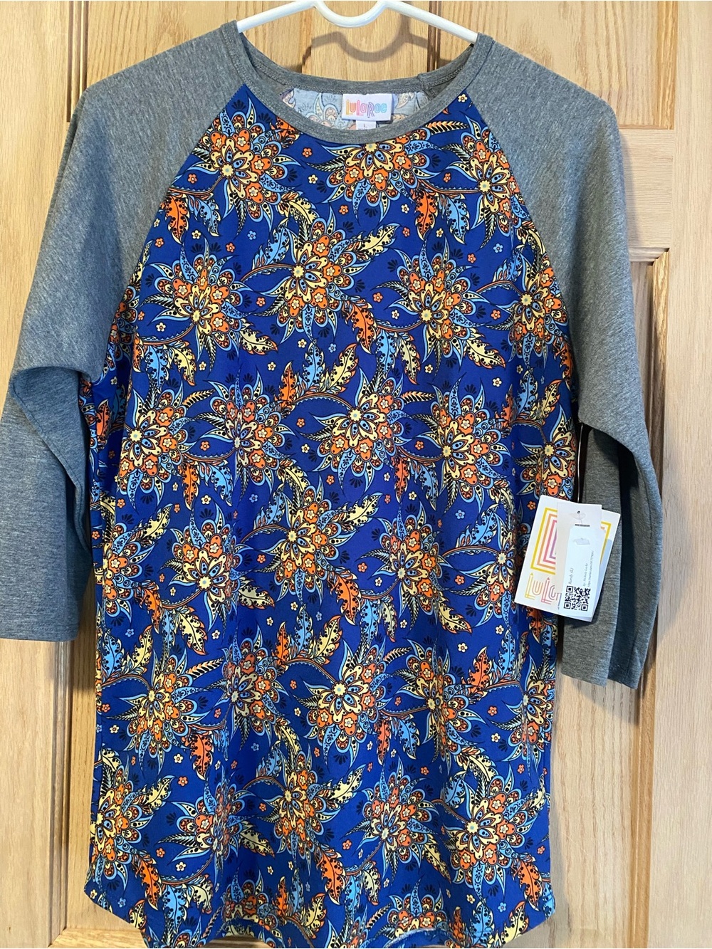 LuLaRoe Blue Floral Randy Raglan Top - Gray Sleeves